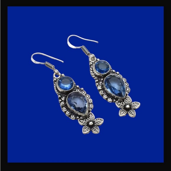 Blue Topaz Handcrafted Long Drop Dangle Earrings 2.08" Made In India New W Tags - Picture 7 of 12